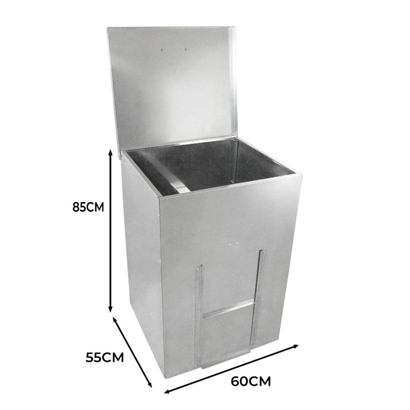 Coal Storage Bunker 150kg 300L Galvanised Steel Raised Metal Base Strengthening Bar Baffle Plate Waterproof Rust & Rodent Proof Wood Fire Sliding Door Hinged Lid Handle FREE Coal Shovel