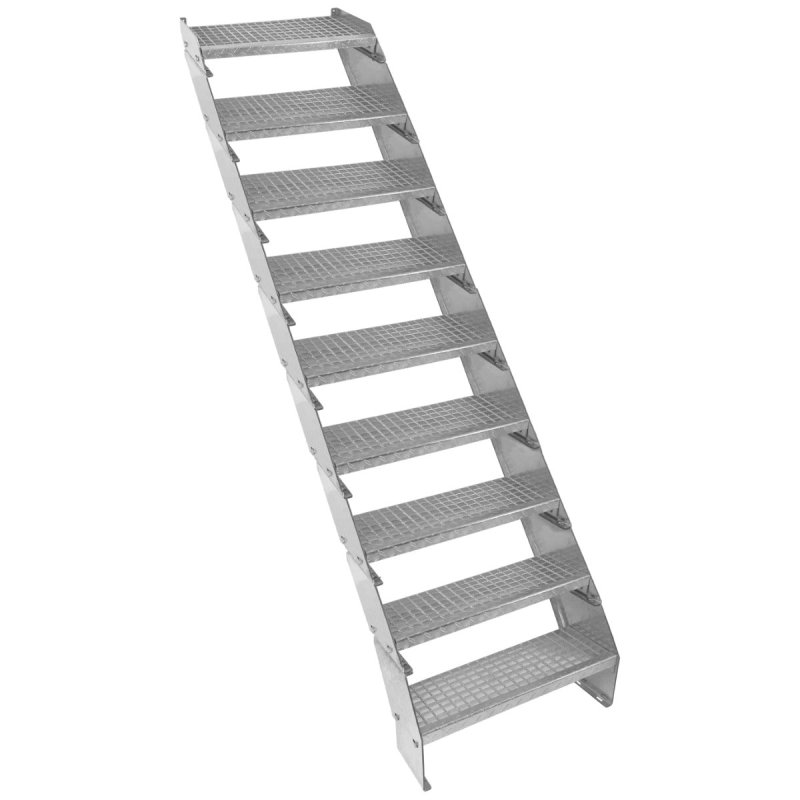Metal Staircase 9 Section Adjustable Height 60cm / 600mm Wide Galvanised Steel Silver 9 Steps Weatherproof Grate Step Outdoor Garden Patio Modular Stairs 5mm Rod Thickness FREE Fixing Kit