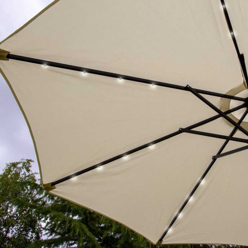 Cream 2.4m LED Tilt Parasol Umbrella Garden Sun Shade Canopy Patio Outdoor 360 Rotation UV Protection Winding Crank Adjustable 32 Solar Power Lights Cool White 8 Ribs 5.5kg FREE Waterproof Rain Cover