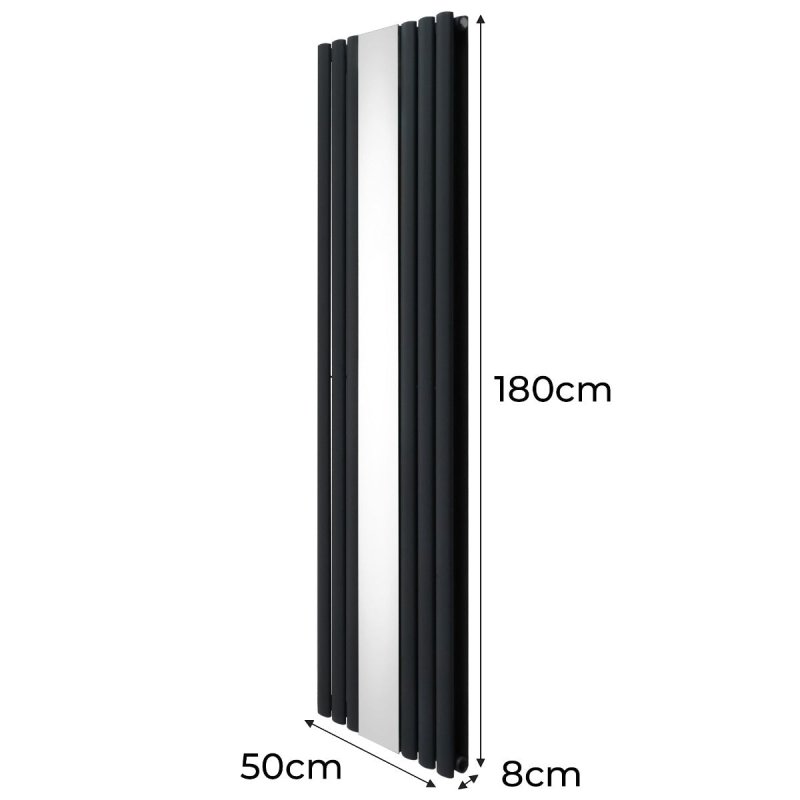 Oval Panel Radiator With Mirror 1800mm x 500mm Modern Designer Double Column Vertical Heater Matt Anthracite Grey Carbon Steel Wall Mounted Kitchen Living Room Cleaning Brush Fixing Kit & Brackets