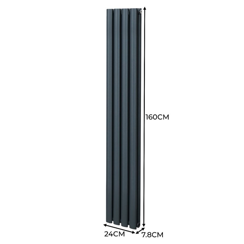Oval Column Radiator 1600mm x 240mm & TRV Chrome Valves Modern Designer Double Panel Central Heating Heater Anthracite Grey Steel Vertical Kitchen Living Room FREE Cleaning Brush Fixing Kit & Brackets