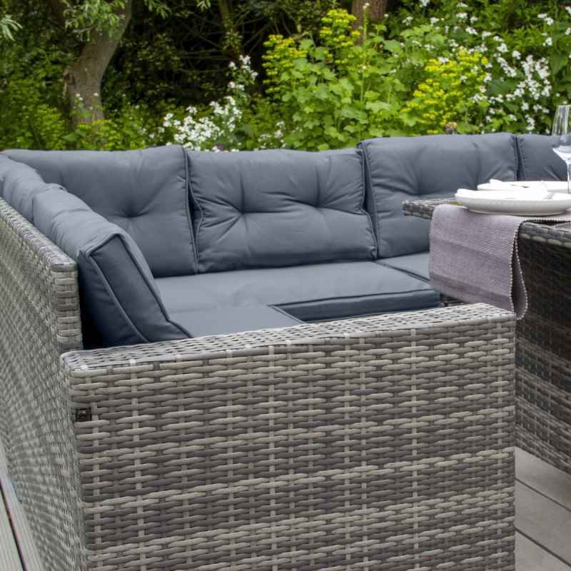 Rattan Corner Dining Set Outdoor Garden Furniture Grey 9-Seater L Shape Sofa Stools Tempered Glass Table UV Protected Waterproof Grey Seat Back Cushions Patio Conservatory Lounge FREE Rain Cover