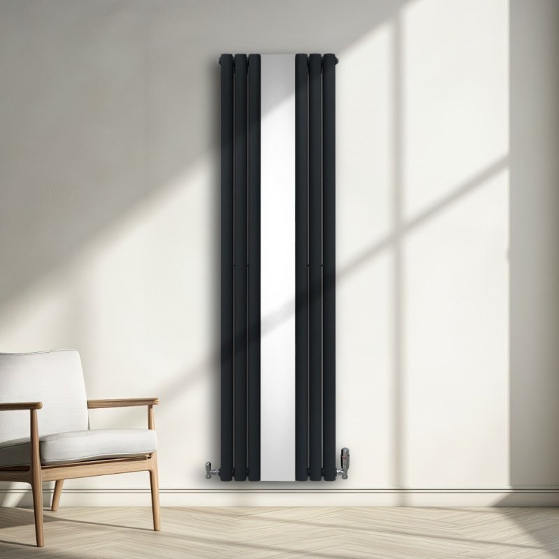 Oval Panel Radiator With Mirror 1800mm x 500mm Modern Designer Double Column Vertical Heater Matt Anthracite Grey Carbon Steel Wall Mounted Kitchen Living Room Cleaning Brush Fixing Kit & Brackets