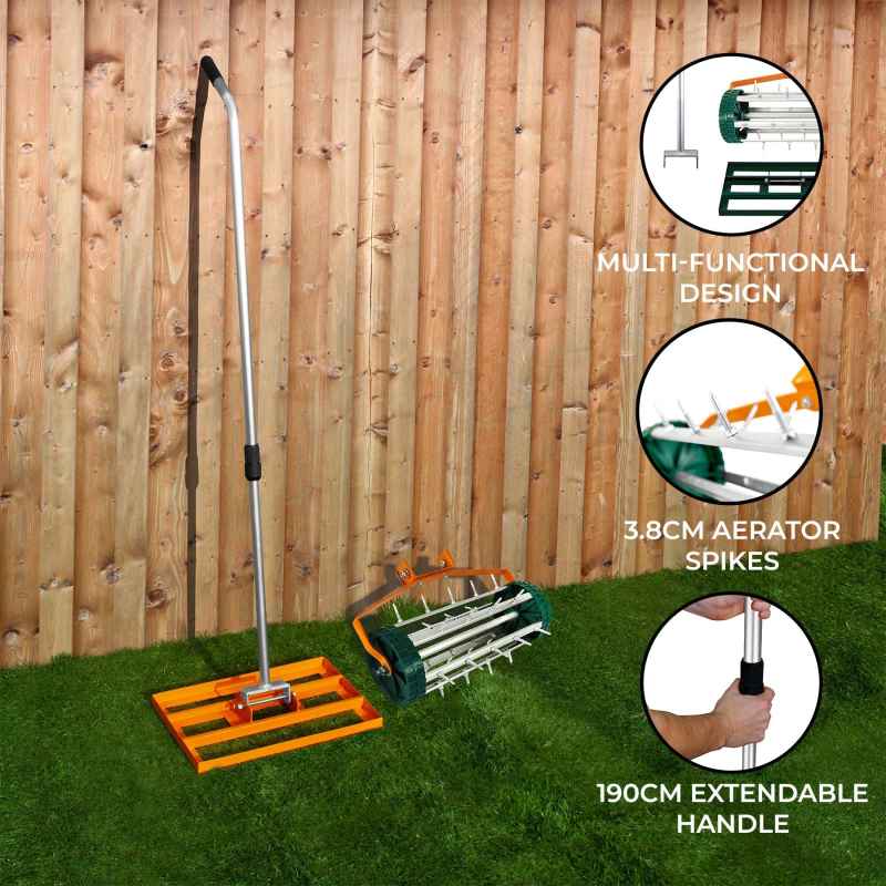 Lawn Leveller & Aerator Manual Grass Roller 3.8cm Spikes 50cm x 32cm Orange Levelling Rake Lute Removable Dual Purpose Extendable Handle 1.15 - 1.9m Easy Grip Heavy Duty Steel Aluminium Garden Tool