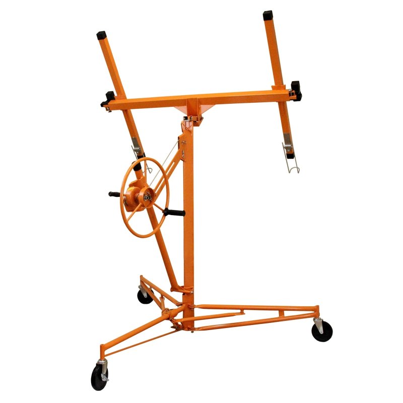 Drywall Hoist Plaster-Board Lifter Panel Jack Tool 11ft Reach 68kg Lifting Capacity 10cm Caster Wheels Foldable Mobile Lockable Heavy Duty Commercial DIY T-Mech