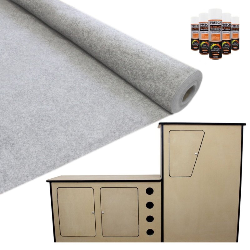 T-Mech 11m2 Van Lining Carpet Super Stretch Kit Silver Grey | With Camper Motor Home Kitchen Unit | FREE 5 Heavy Duty Adhesive Glue Spray Cans