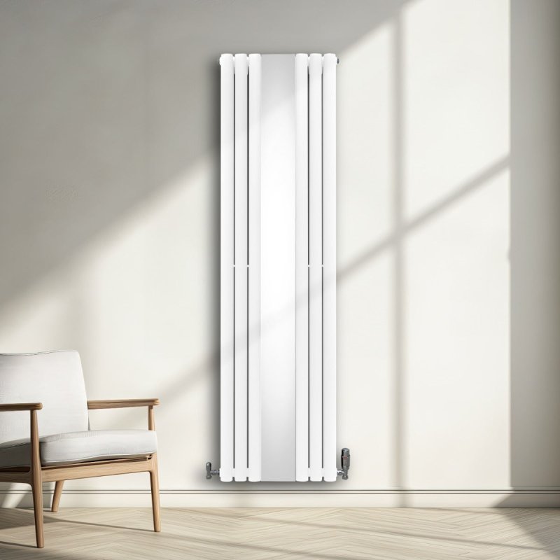 Oval Panel Radiator With Mirror 1800mm x 500mm Modern Designer Double Column Vertical Heater Gloss White Carbon Steel Wall Mounted Kitchen Living Room Cleaning Brush Fixing Kit & Brackets