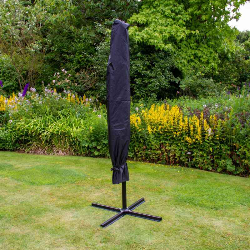 Black LED Cantilever Parasol 3m Banana Hanging Umbrella Garden Sun Shade Canopy Patio Outdoor 360 Rotation Tilt UV Protection Winding Crank 24 Solar Powered Cool White LED Lights Waterproof Rain Cover