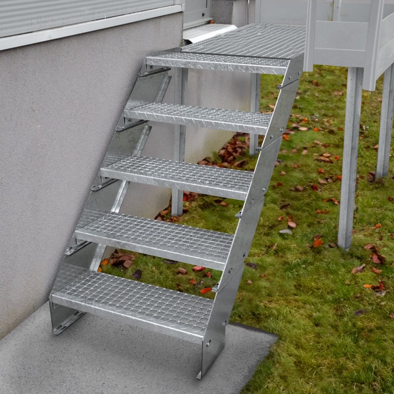 Metal Staircase 2 Section Adjustable Height 60cm / 600mm Wide Galvanised Steel Silver 2 Steps Weatherproof Grate Step Outdoor Garden Patio Modular Stairs 5mm Rod Thickness FREE Fixing Kit