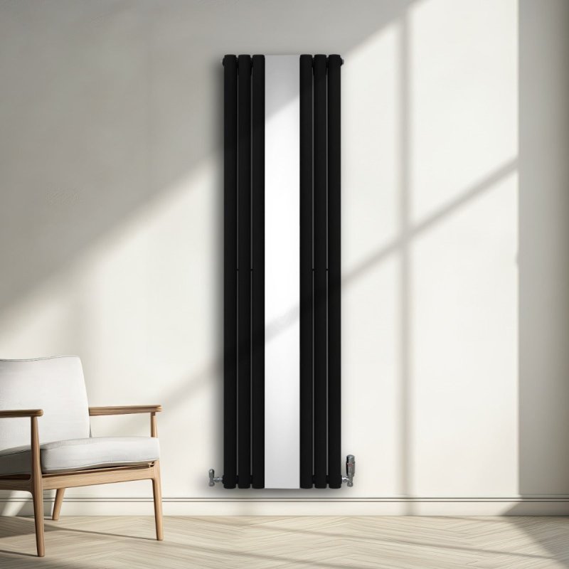 Oval Panel Radiator With Mirror 1800mm x 500mm Modern Designer Double Column Vertical Heater Matt Black Carbon Steel Wall Mounted Kitchen Living Room Cleaning Brush Fixing Kit & Brackets