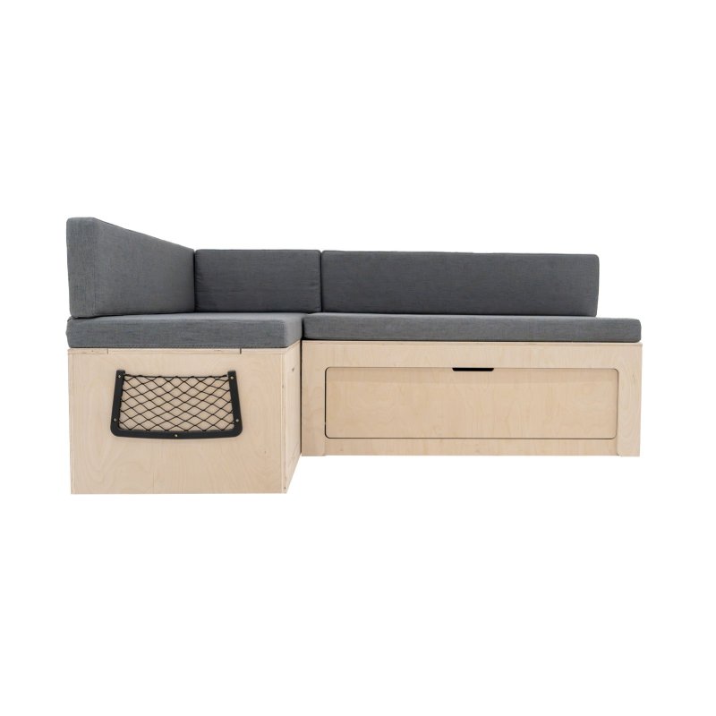L-Shape Camper Van Sofa Bed & Cushions 1800 x 1200mm Sliding Pull Out Design Under Bench Storage & 2 x Nets Versatile Vehicle Compatibility Birch Wood 8cm Thick Mattress Washable Covers Fixing Kit