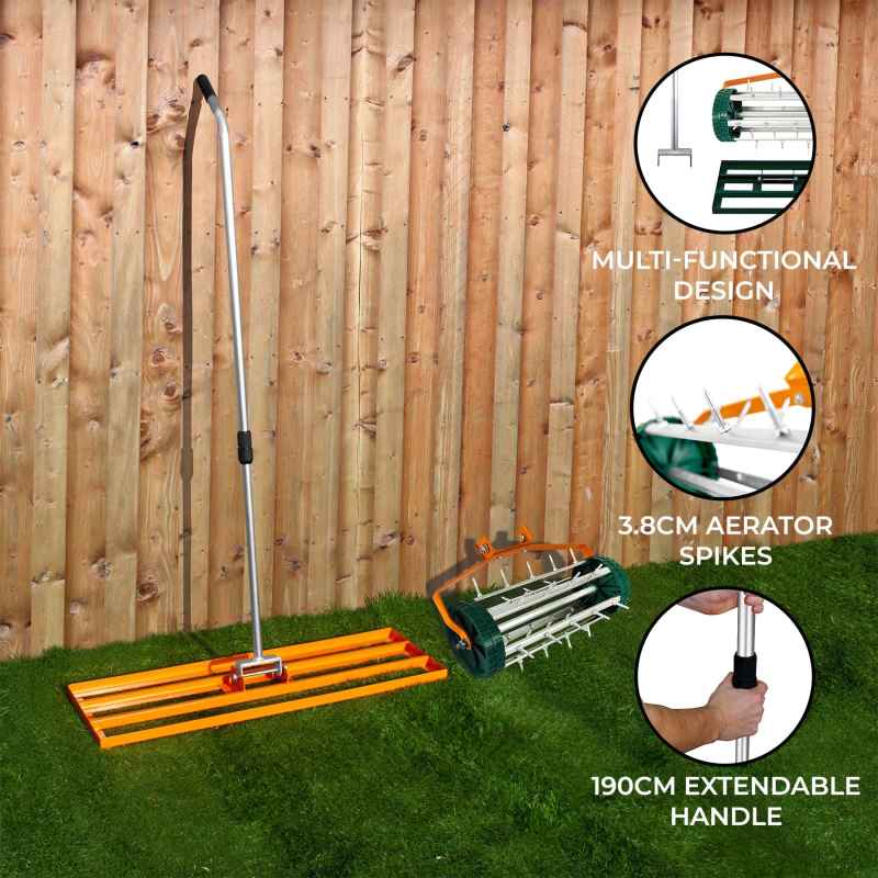 Lawn Leveller & Aerator Manual Grass Roller 3.8cm Spikes 100cm x 32cm Orange Levelling Rake Lute Removable Dual Purpose Extendable Handle 1.15 - 1.9m Easy Grip Heavy Duty Steel Aluminium Garden Tool