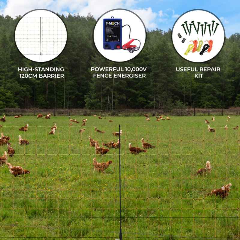 Electric Fence Energiser & Poultry Netting 50m Roll Fencing Battery Powered Controller 10KM Range Chicken Hen Turkey Net Mesh 11 Wires 120cm High 14 Double Spikes Repair Kit Ground Spikes Earth Stake