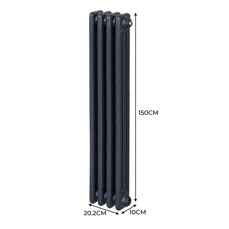 Traditional 3 Column Radiator 1500mm x 202mm Modern Central Heating Heater Matt Anthracite Grey Carbon Steel Vertical Wall Mounted Kitchen Living Room Bathroom Cleaning Brush Fixing Kit & Brackets