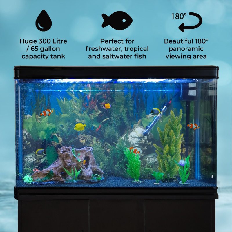 MonsterShop Fish Tank Aquarium & Starter Accessories, Black Cabinet, Blue Gravel, 4ft, 300L