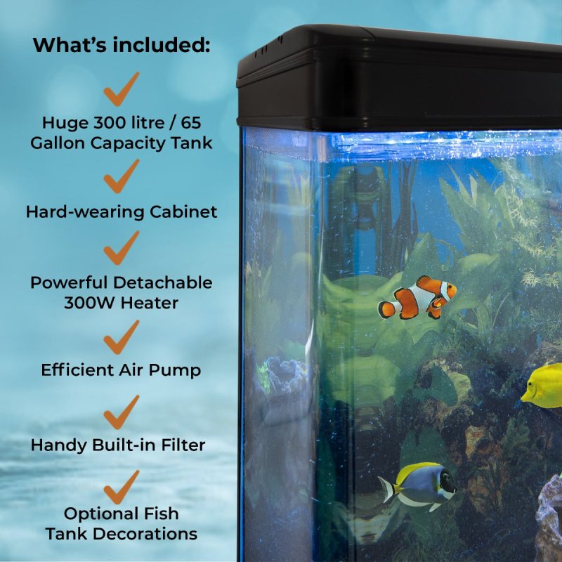 MonsterShop Fish Tank Aquarium & Starter Accessories, Black Cabinet, Natural Gravel, 300L 4ft
