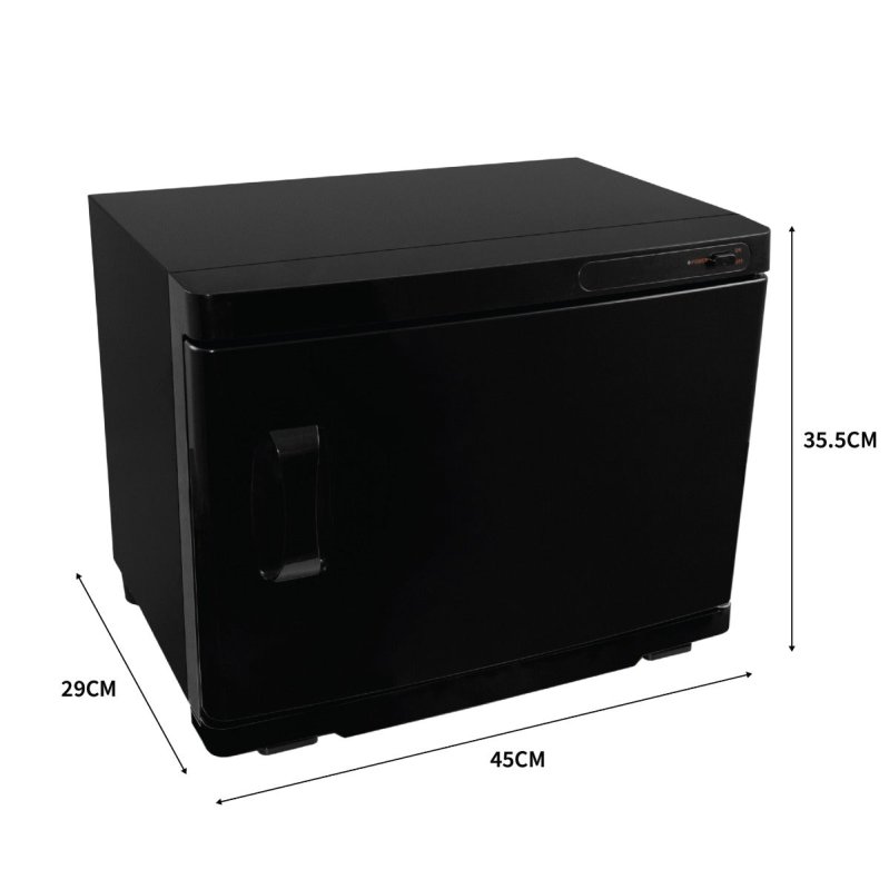 Hot Towel Warmer Black 23L Cabinet Heater UV Steriliser Disinfection Facial Salon Beauty Spa Gym Bathroom Home Equipment Stainless Steel Electric 2 Removable Shelves Drip Tray 200W 2 x FREE Tongs