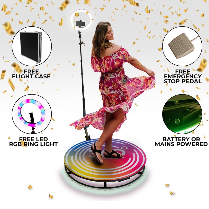 360 Photo Video booth 100cm Platform Rotating Selfie Spinner Party Wedding LED Ring Light Automatic Remote Control Bluetooth Adjustable Arm Slow Motion Battery or Mains Powered Flight Case Money Gun