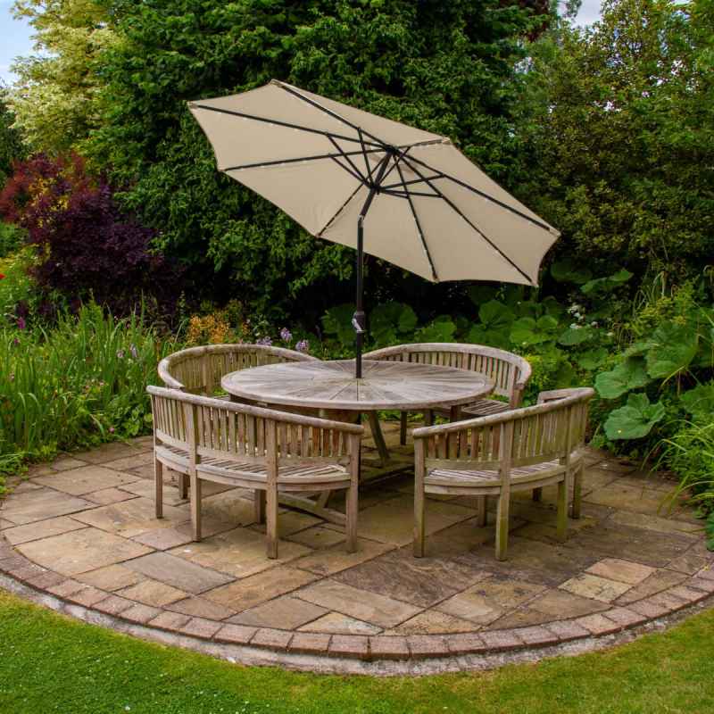 Beige 2.4m LED Tilt Parasol Umbrella Garden Sun Shade Canopy Patio Outdoor 360 Rotation UV Protection Winding Crank Adjustable 32 Solar Power Lights Cool White 8 Ribs 5.5kg FREE Waterproof Rain Cover