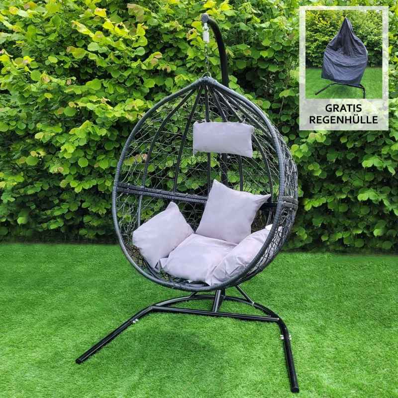 Swing Hanging Egg Chair Rattan Bench Garden Patio Outdoor Indoor Furniture Hammock Basket Seat Black | with Cushions, Waterproof Cover and Stand