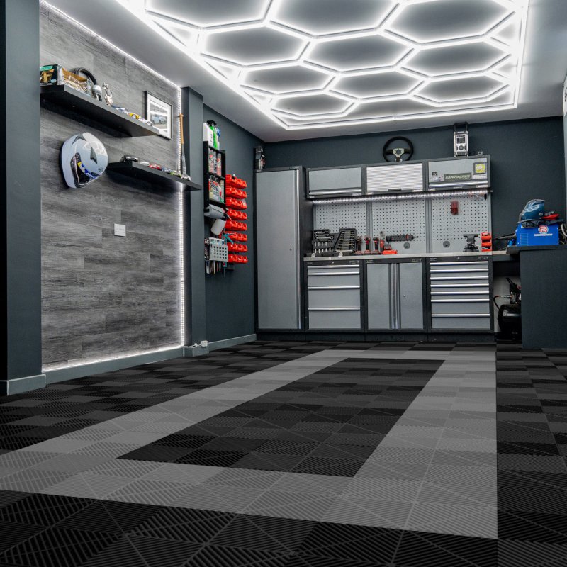 Vented Modular Interlocking Flooring Tiles & Edges 90 Black & 30 Grey Single Garage Heavy Duty Floor Mat Showroom Workshop Outdoor Polypropylene Anti Slip Weather Resistant Drainage 3.2m x 6m 19.2m2