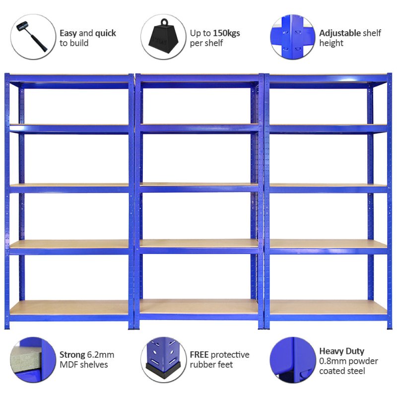 75cm Wide Racking Garage Storage Shelving Heavy Duty 5 Tier Shelf Unit 75cm x 30cm x 150cm Blue/Black (4, Blue)