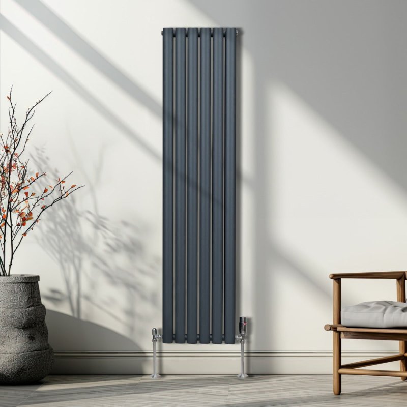 Oval Column Radiator 1600mm x 360mm Modern Designer Double Panel Central Heating Heater Matt Anthracite Grey Carbon Steel Vertical Kitchen Living Room FREE Cleaning Brush Fixing Kit & Brackets