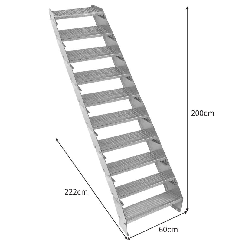 Metal Staircase 10 Section Adjustable Height 60cm / 600mm Wide Galvanised Steel Silver 10 Steps Weatherproof Grate Step Outdoor Garden Patio Modular Stairs 5mm Rod Thickness FREE Fixing Kit