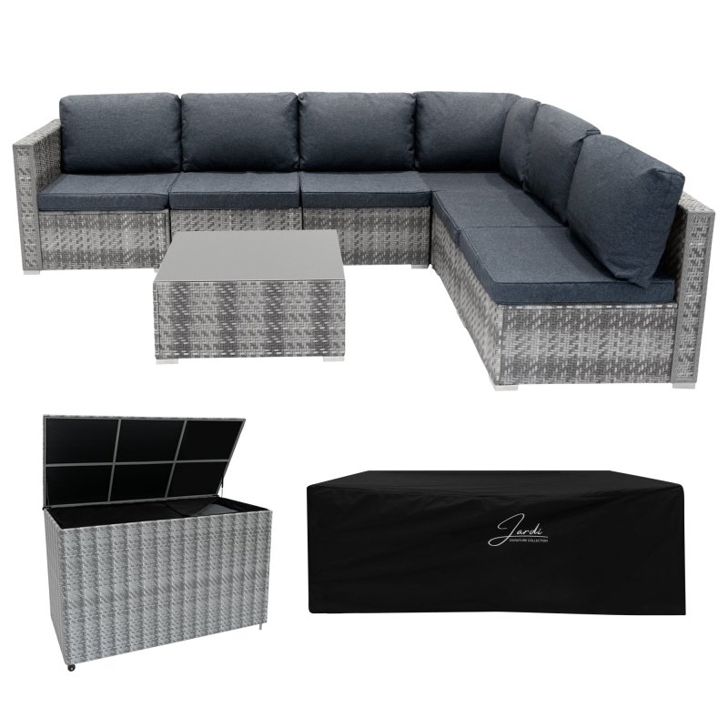Rattan Modular 7 Piece Furniture Set & 700L Storage Box - Grey