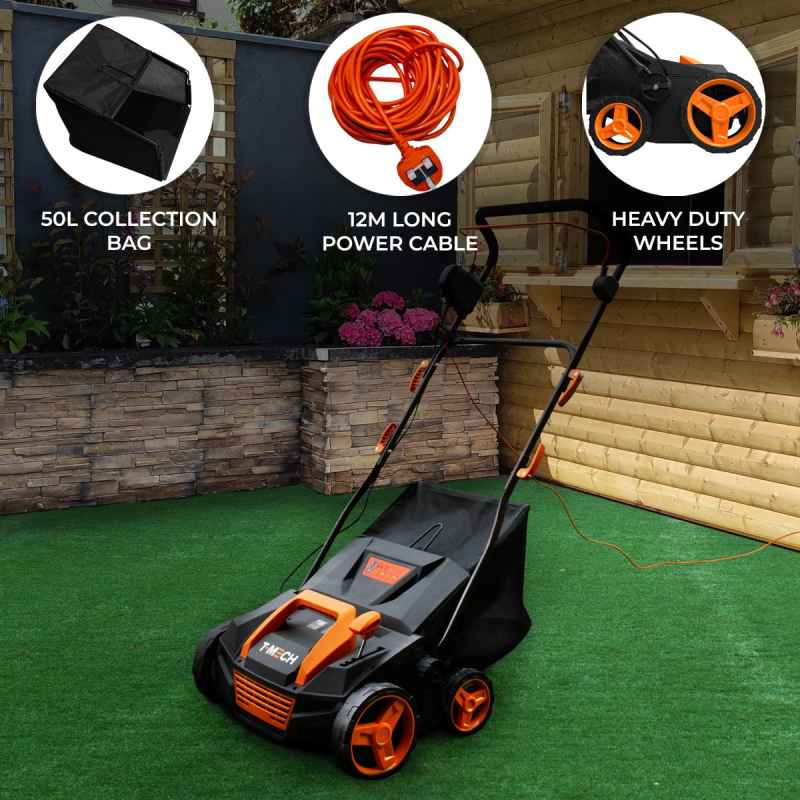 Artificial Grass Power Brush Rake Hoover Vacuum Lawn Cleaner Electric Leaf Twig Sweeper Self Propelled 380mm Outdoor 50L Collection Bag 12m Cable 5 Adjustable Heights 12.2kg Lightweight 3500RPM 1800W