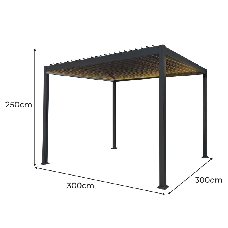 Metal Pergola With LED Lights 3m x 3m Adjustable Canopy Roof Powder Coated Aluminium Outdoor Garden Gazebo Sun Rain Shelter Patio Deck Drainage Weather Resistant Tools & Ground Bolts Grey