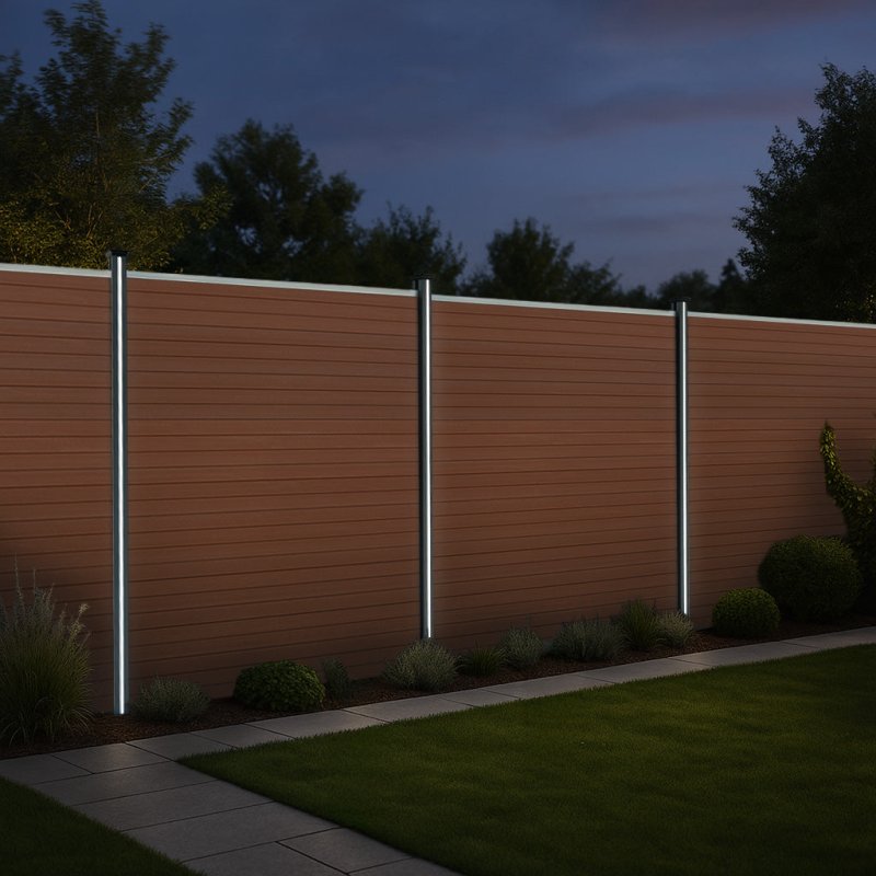 Composite Fence Panels, Angled Piece & LED Posts 6ft x 20ft - Brown