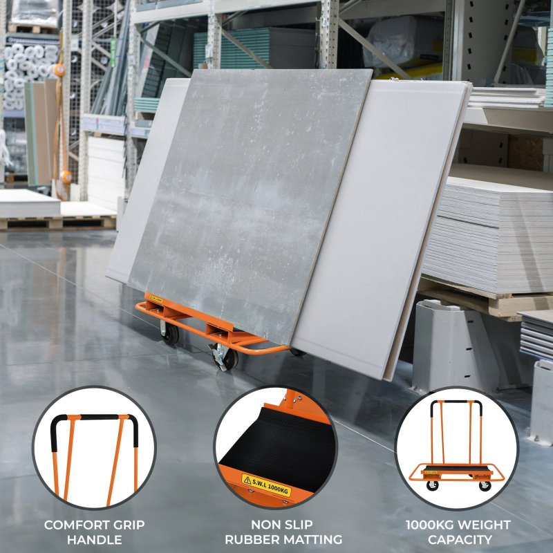 Plasterboard Trolley Dry Wall Cart Sheetrock Board Sheet Material Carrier Dolly Transporter 1000kg 2200lbs Heavy Duty Steel 2 Fixed & 2 Swirl Wheels 2 Brakes Foam Handle Non Slip Rubber Matting