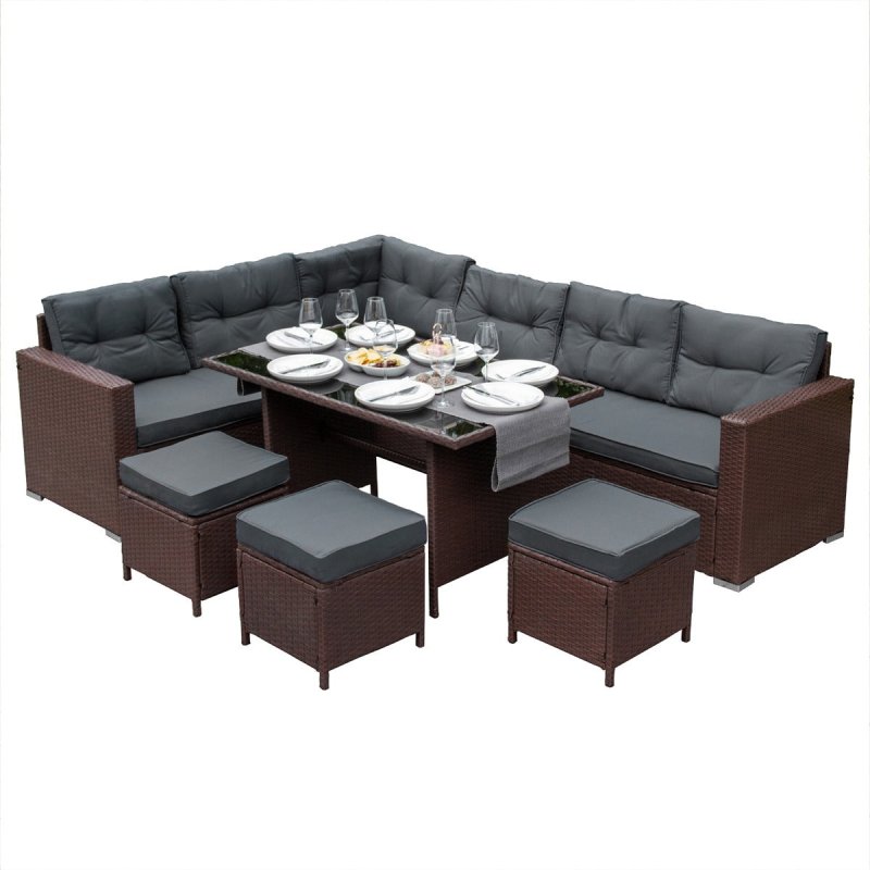 Rattan Corner Dining Set Outdoor Garden Furniture Brown 9-Seater L Shape Sofa Stools Tempered Glass Table UV Protected Waterproof Grey Seat Back Cushions Patio Conservatory Lounge FREE Rain Cover