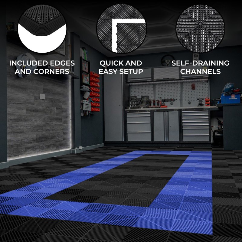 Vented Modular Interlocking Flooring Tiles & Edges 165 Black & 60 Blue Double Garage Heavy Duty Floor Mat Showroom Workshop Outdoor Polypropylene Anti Slip Weather Resistant Drainage 6m x 6m 36m2