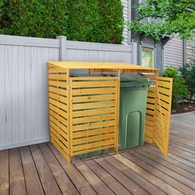 Double Wheelie Bin Storage Shed Store Hideaway Wooden Dustbin Trash Cupboard Outdoor Timber Cover Hinged Lid Lockable Latched Chain Recycling Garden FREE Fixing Kit 122cm (H) x 149cm (W) x 92.5cm (D)