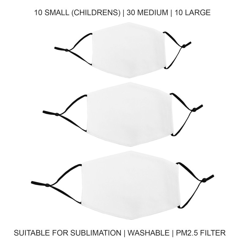 Sublimation Face Masks Blank White / 50 Pack Mixed Size Bundle Reusable Facemasks / 5 Layer Filter Childrens Adults Personalise Heat Transfer Customise Dye Press Print Printing Custom