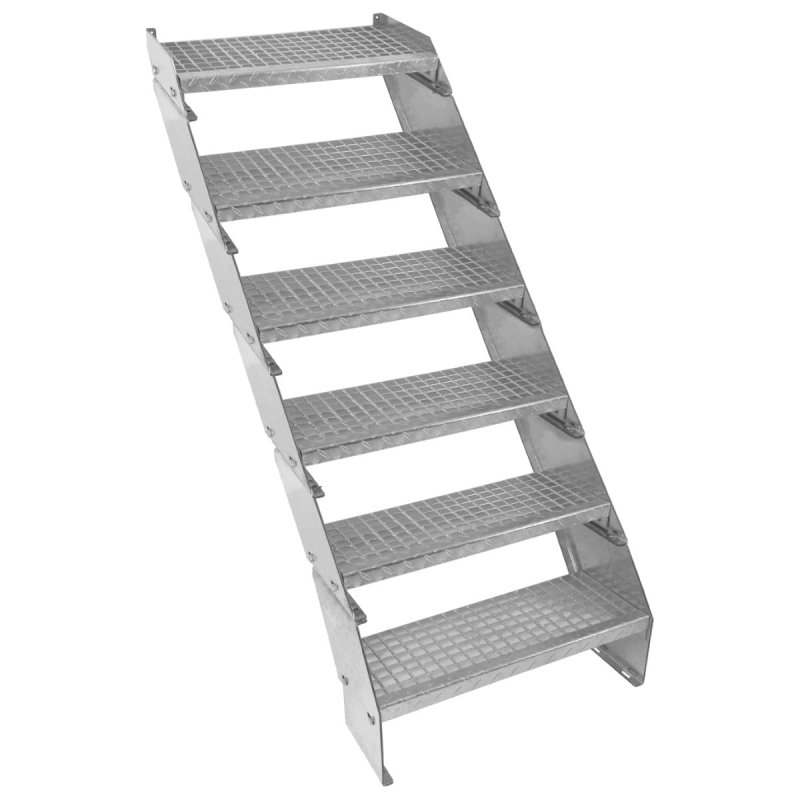 Metal Staircase 6 Section Adjustable Height 60cm / 600mm Wide Galvanised Steel Silver 6 Steps Weatherproof Grate Step Outdoor Garden Patio Modular Stairs 5mm Rod Thickness FREE Fixing Kit