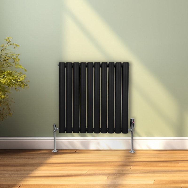 Oval Column Radiator 600mm x 600mm Modern Designer Double Panel Central Heating Heater Matt Black Carbon Steel Horizontal Kitchen Living Room Bathroom FREE Cleaning Brush Fixing Kit & Brackets