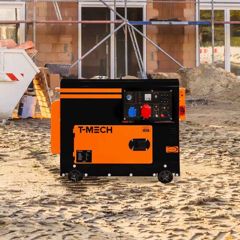 Silent Diesel Generator Three Phase ATS 6.5kVA 6500W 13HP 230V \ 400V Electric Start Closed Frame Emergency Power 4 Portable Wheels Black Powder Coated Steel 20L Fuel Capacity Tool Kit & Funnel