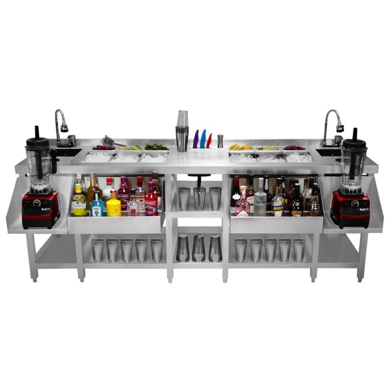 Twin Cocktail Bar Station Free-Standing Stainless Steel Insulated Ice Well Sink 360 Mixer Tap Glass Refresher Drip Tray Blender Shelf Speed Rail Shelves Gastro Pots Knife Holder FREE Boston Shaker