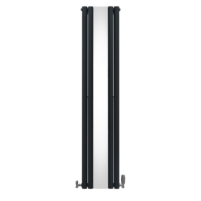 Oval Panel Radiator With Mirror 1800mm x 380mm & TRV Chrome Valves Designer Double Column Vertical Anthracite Grey Carbon Steel Wall Mounted Kitchen Living Room Cleaning Brush Fixing Kit & Brackets