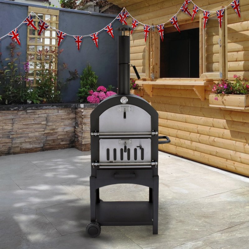 Outdoor Pizza Oven Portable Charcoal BBQ Smoker Pizza Maker Chimney Vent Temperature Gauge Shelf & Union Jack Bunting 25 Triangle Flags 10m Double Sided FREE Pizza Peel, Stone, Cutter & Rain Cover