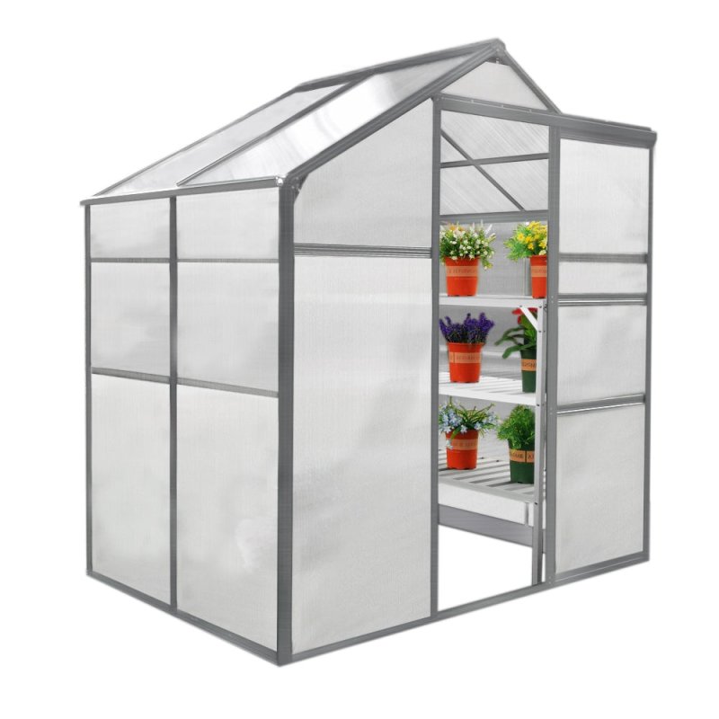 Greenhouse Polycarbonate, Clear, Aluminium Frame, Silver, Growhouse with Window & Sliding Door 6ft x 4ft