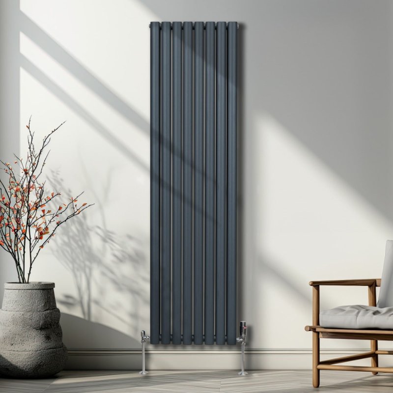 Oval Column Radiator 1800mm x 480mm & TRV Chrome Valves Modern Designer Double Panel Central Heating Heater Anthracite Grey Steel Vertical Kitchen Living Room FREE Cleaning Brush Fixing Kit & Brackets