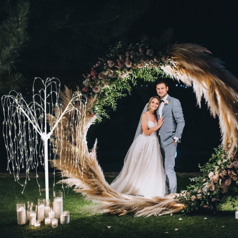 Wedding Moongate Silver Arch 2m/ 200cm  & Weeping Willow Light Up Tree Warm White LED Metal Flat Base Arbour Background Decor Flower Balloon Circle Hoop Frame Outdoor Backdrop  Decoration Prop