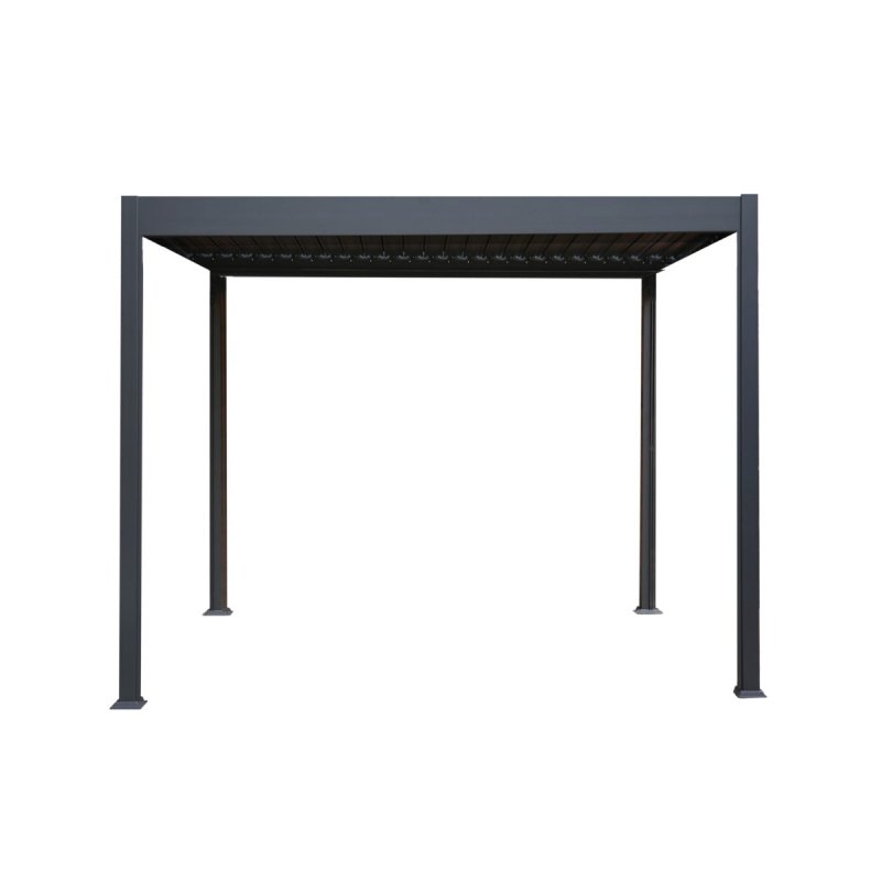 Metal Pergola 3m x 3m Retractable Canopy Roof Powder Coated Aluminium Outdoor Garden Gazebo Sun Rain Shelter Patio Deck Drainage UV Protection Weather Resistant Tools & Ground Bolts Included Dark Grey