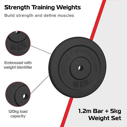 1.2m 1" Barbell and Cast Iron Weight Plate Sets, Bar + 2.5kg Pairs (5kg Set)