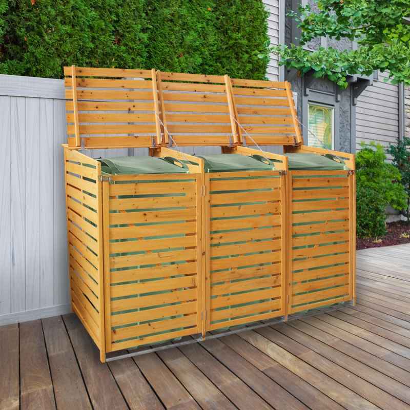 Triple Wheelie Bin Store Strong Wooden Shed Recycling Store Natural Timber Lockable Latched Hinged Firewood Garden Tools Storage FREE Fixing Kit 120cm (H) x 198cm (W) x 81cm (D)