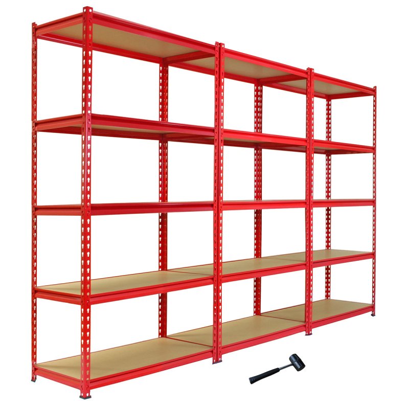 Pack of 3 Garage Shelving Unit - 5 Tier Heavy Duty Rack for Storage Steel Utility Shelves | Metal & MDF Boltless Racking Assembly System Capacity 5400KG + FREE Rubber Mallet